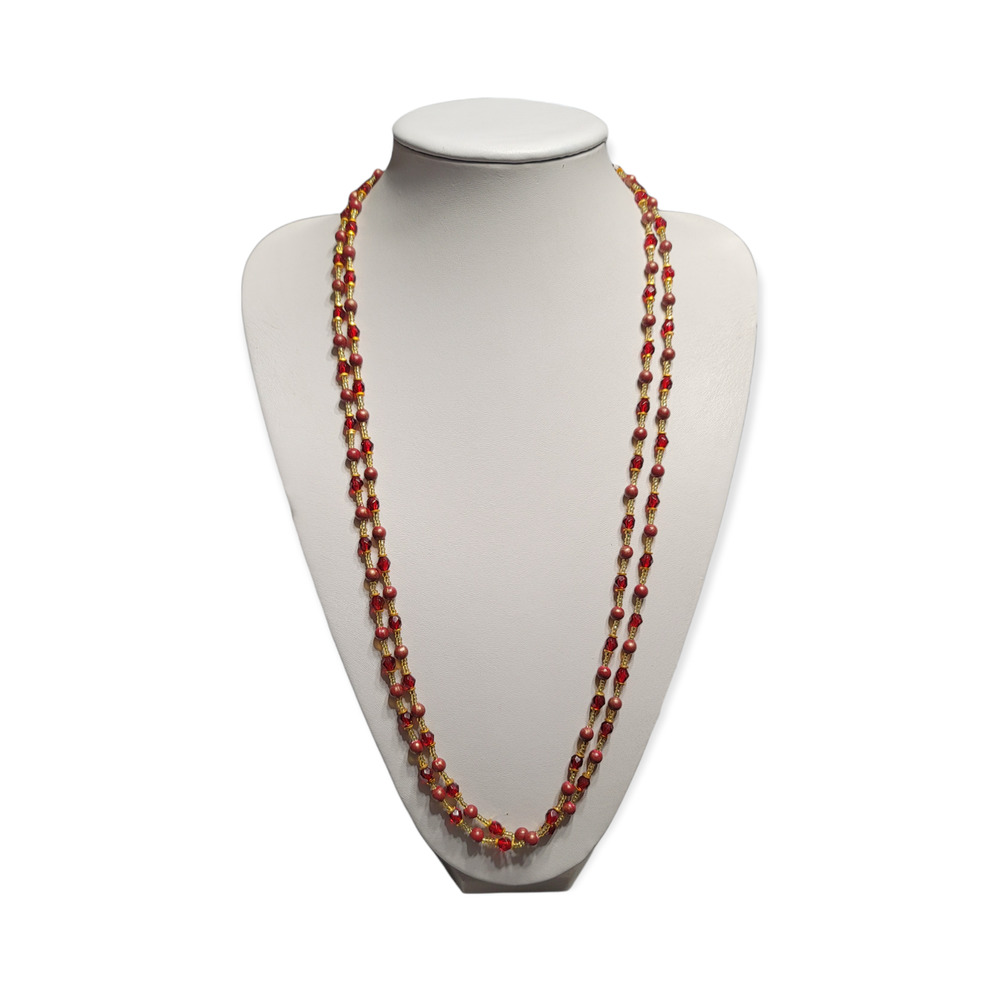 Vintage Handmade Goldtone Double Strand Red Gold Brick Color Beads 31"